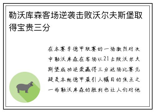 勒沃库森客场逆袭击败沃尔夫斯堡取得宝贵三分