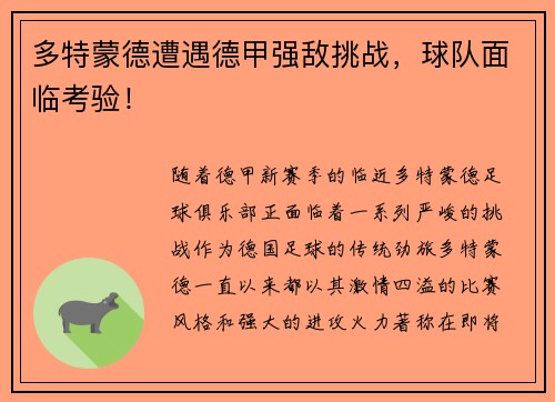 多特蒙德遭遇德甲强敌挑战，球队面临考验！