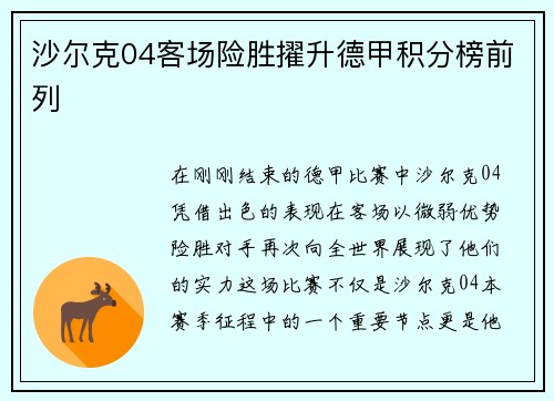 沙尔克04客场险胜擢升德甲积分榜前列