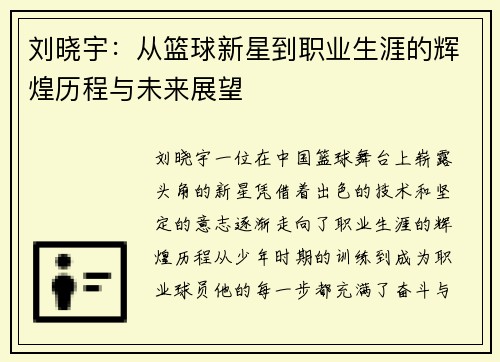 刘晓宇：从篮球新星到职业生涯的辉煌历程与未来展望